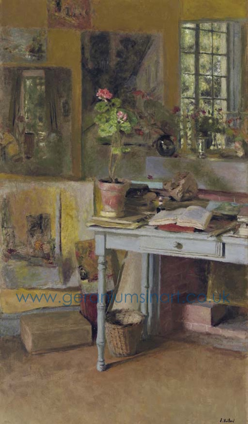 Monsieur Jean-Édouard Vuillard (1868 – 1940) 'Aux Clayes, Géranium sur une table bleue, devant une fenêtre', (1932). 'At Les Clayes, Geranium on a blue table, in front of a window', Oil paints on canvas (92 cm x 53.3 cm). 