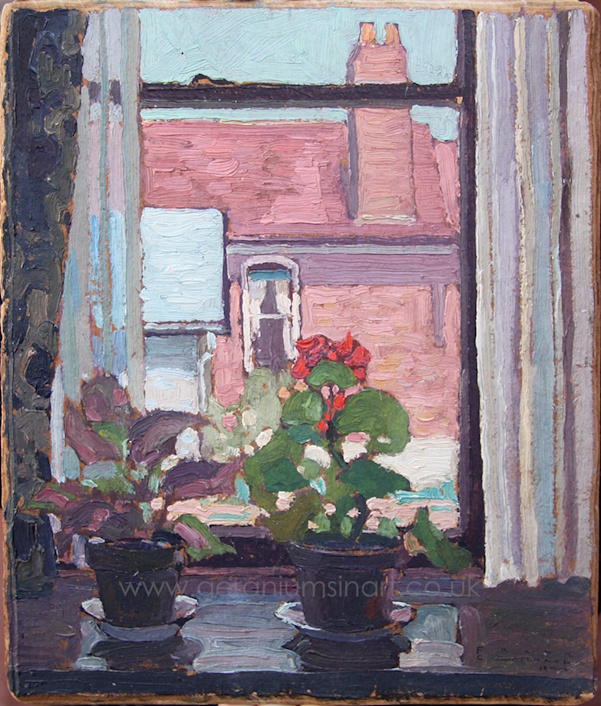 (Still life) Geranium (Oil paints on Panel, 1920, 30.5 cm x 25.4 cm), by Mr Franklin Carmichael (1890 - 1945). Image © Mr Shaun Mayberry of Mayberry Fine Art, (Winnipeg Downtown, Winnipeg Tuxedo, Toronto, Canada).