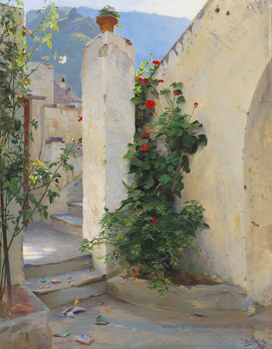 Peter Ilsted's (Danish, 1861 - 1933) 'Blomstrende Pelargonie, Capri' (1891) 'Pelargonium in bloom, Capri.' Oil paints on canvas, 66 cm x 51 cm. Foto © Bruun Rasmussen Kunstauktioner – Part of the Bonhams Network.
