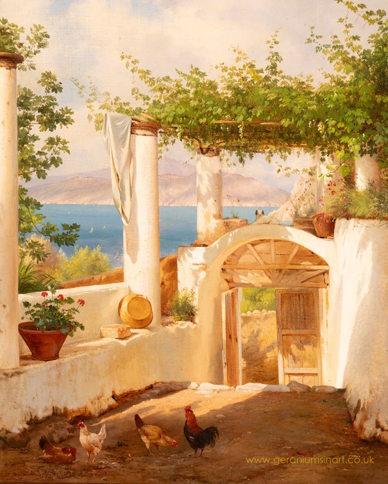 CARL FREDERIK AAGAARD (Danish, 1833 - 1895). 'View from an Italian pergola in the Bay of Naples,' 1871. Oil on canvas (Signed and dated in the lower right corner), 52 cm x 43 cm.