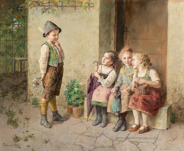 Edmund Adler (Edmund Adler Rode), (Austrian, 1876 - 1965) 'Teasing', Oil paints on canvas (55.9 cm x 69.9 cm).